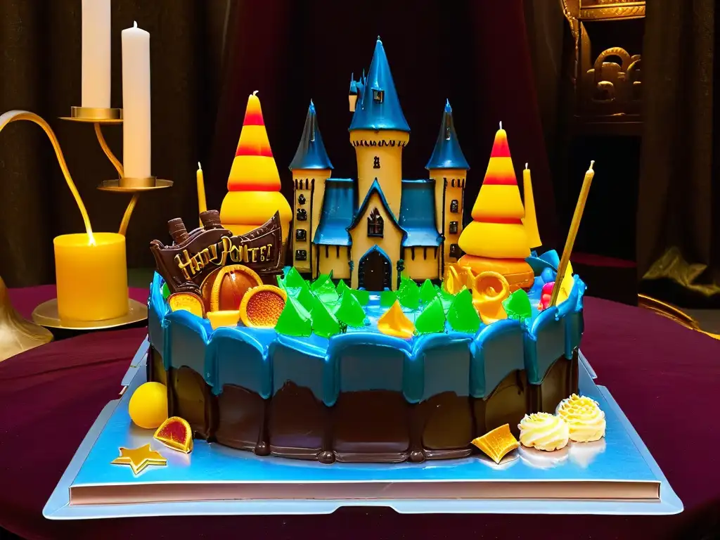 Un castillo Hogwarts de postres inspirados en películas Harry Potter, rodeado de magia dulce