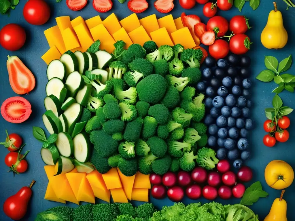 Un cautivador patrón de frutas y verduras orgánicas vibrantes, frescas y detalladas, ideales para pinturas comestibles naturales saludables