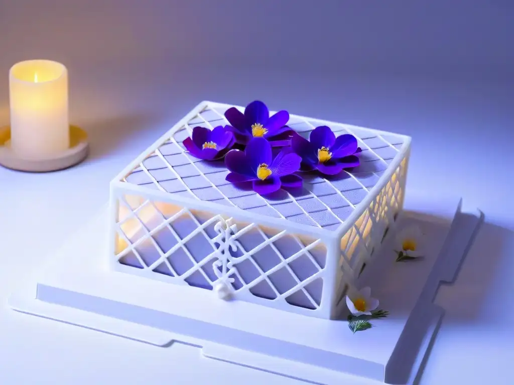 Centro de postres impresos en 3D con diseño intrincado de encaje, flores comestibles y patrones geométricos, en plato moderno bajo luz suave