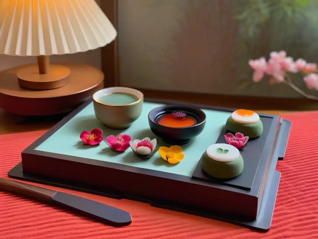 Una ceremonia del té japonés con mochis coloridos y tazas delicadas en un jardín japonés con cerezos en flor