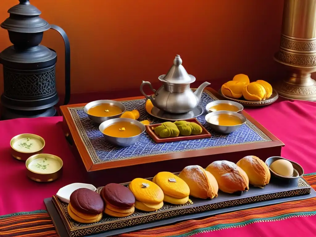 Exquisita ceremonia del té marroquí: detalle y tradición Una ceremonia del té marroquí tradicional en un hermoso patio decorado, con vasos de té y pastelería marroquí