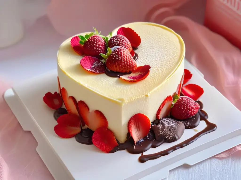 Un cheesecake en forma de corazón con salsa de chocolate y pétalos de rosa, ideal para postres románticos inspirados en comedias románticas