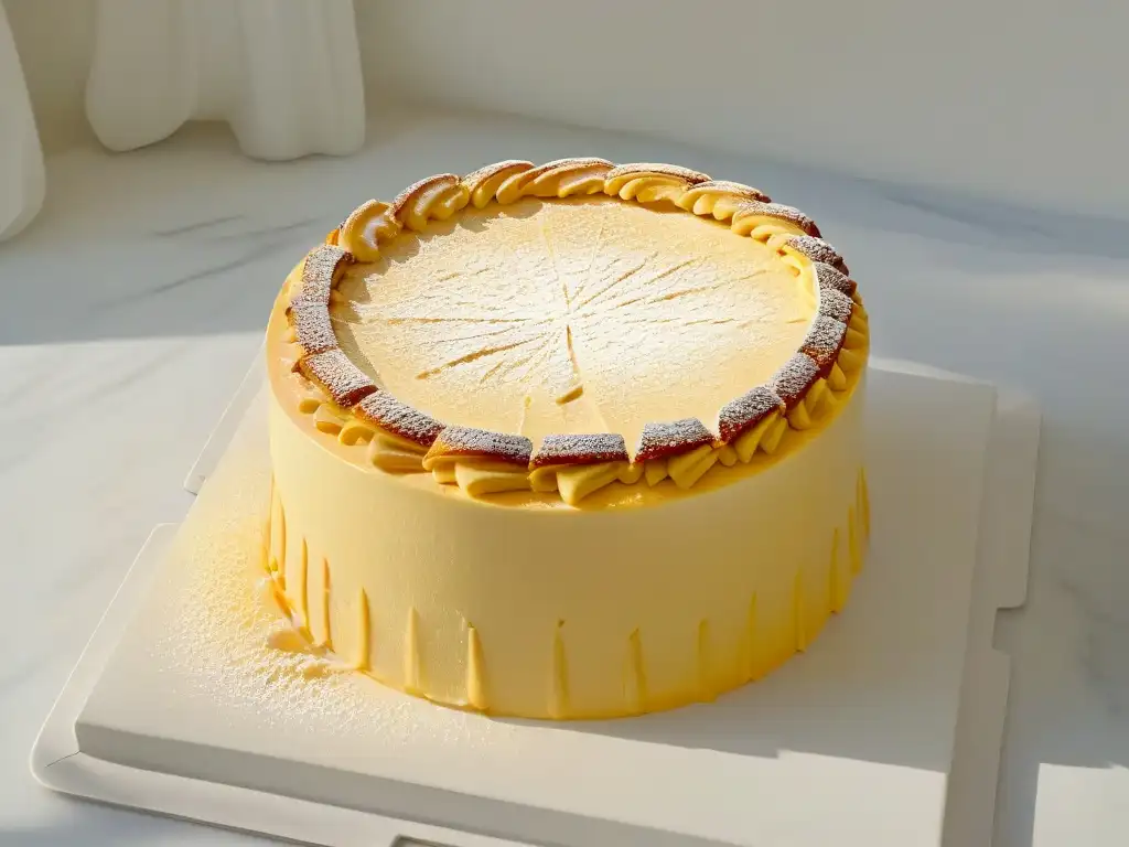 Un cheesecake japonés auténtico y perfectamente horneado sobre una elegante encimera de mármol