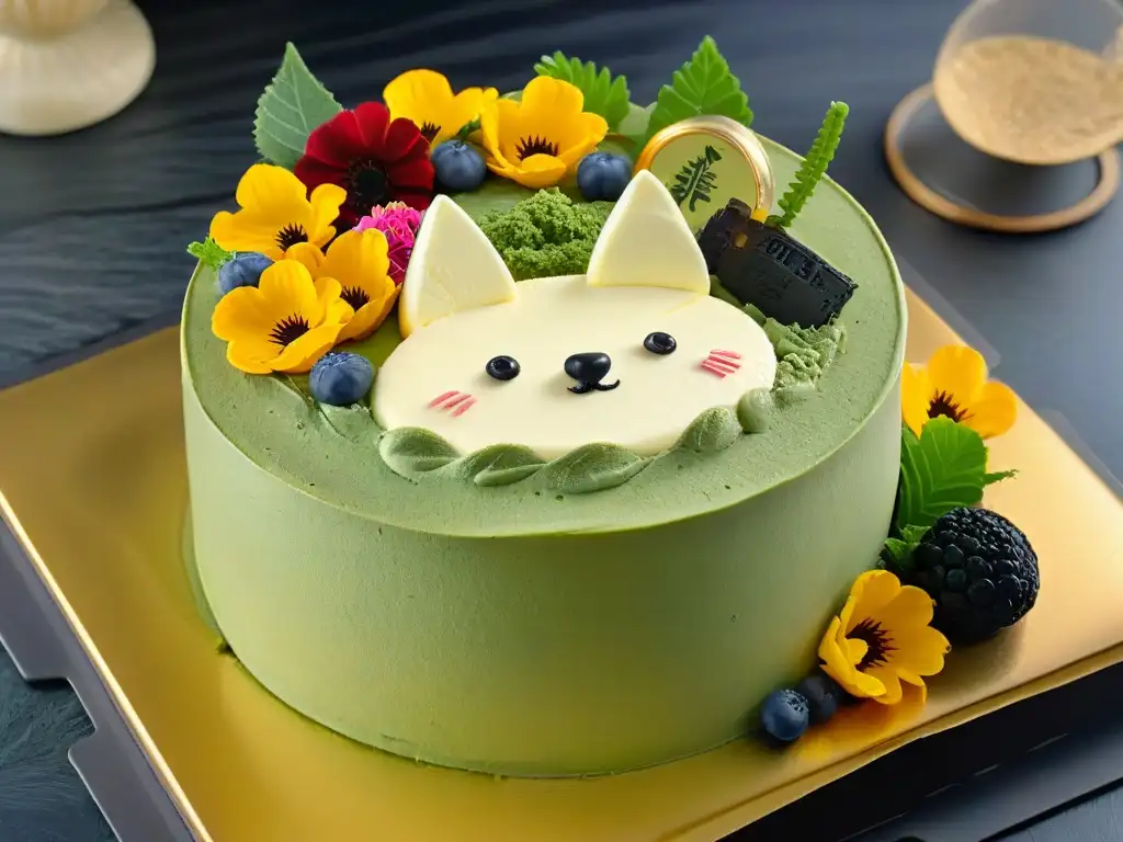 Un cheesecake de té matcha inspirado en Studio Ghibli con detalles dorados y flores comestibles en un elegante fondo negro