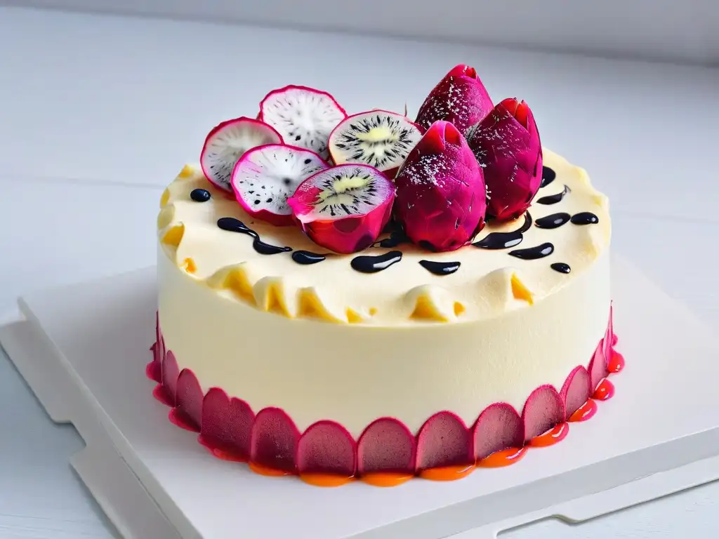 Un cheesecake de pitaya decorado con rodajas de fruta del dragón y coulis de maracuyá, resaltando su aspecto exótico y lujoso