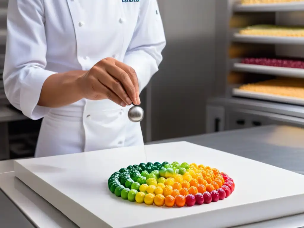 Un chef en casa practica repostería molecular con precisión, midiendo esferas coloridas en una cocina moderna y elegante