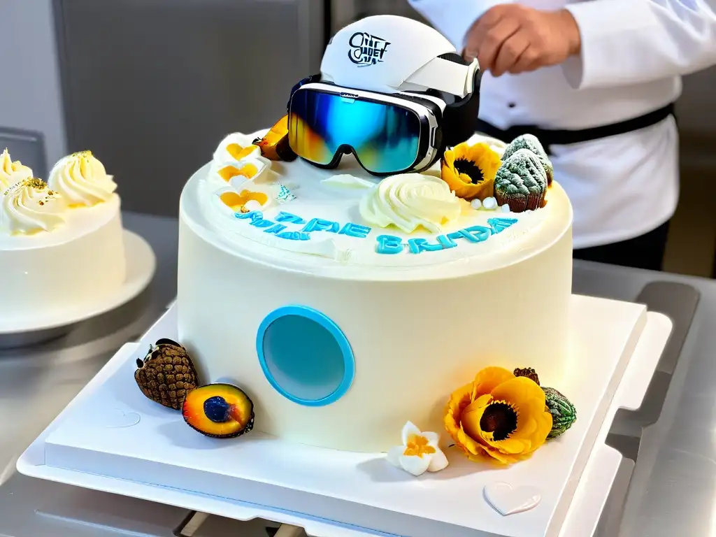 Un chef en cocina blanca con Realidad Aumentada en repostería, decorando una torta meticulosamente