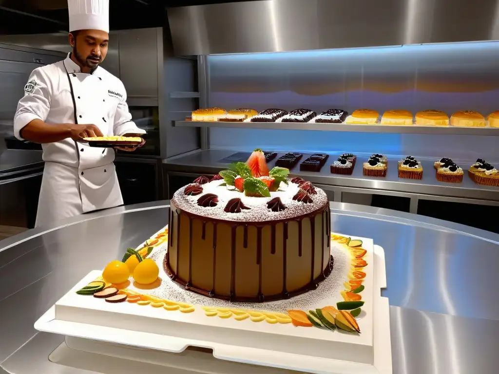 Un chef en una cocina moderna con diseños de pasteles en hologramas y Realidad Aumentada en repostería