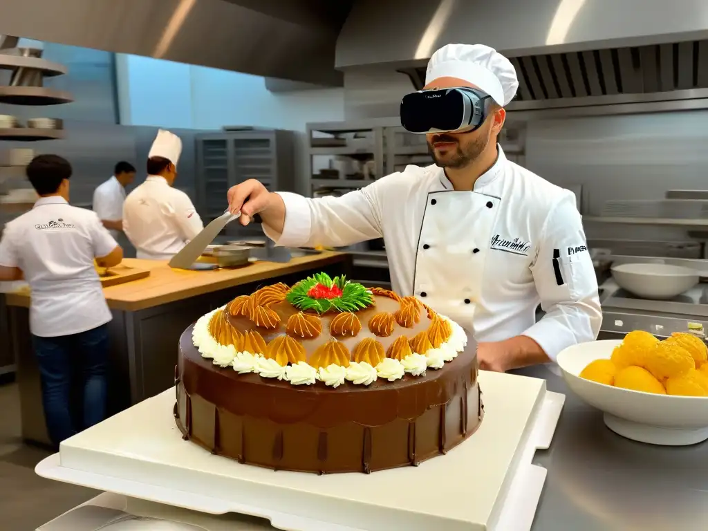 Un chef en una cocina moderna usando Realidad Aumentada en repostería para decorar un pastel con detalle y precisión