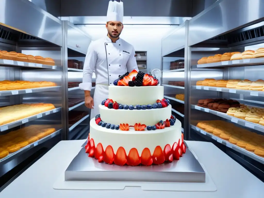 Un chef en una cocina de repostería moderna, decorando un elegante pastel rodeado de ingredientes frescos y chocolates gourmet