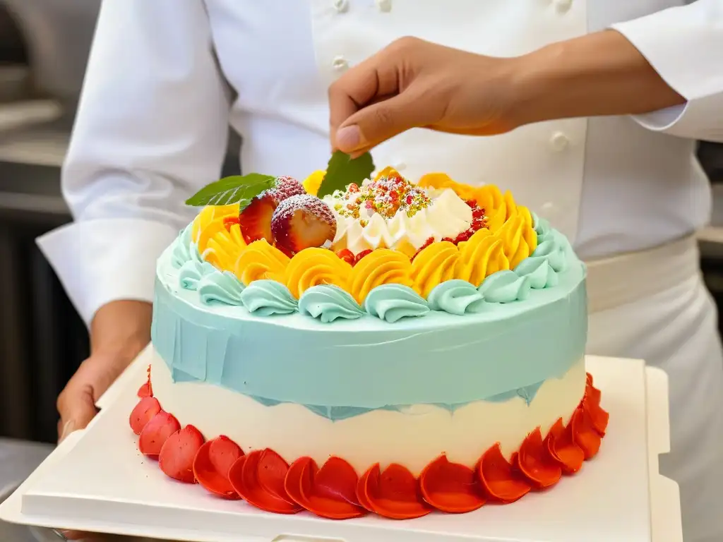 Un chef meticulosamente decora una colorida y detallada tarta con precisión artística, resaltando la accesibilidad en cursos repostería online