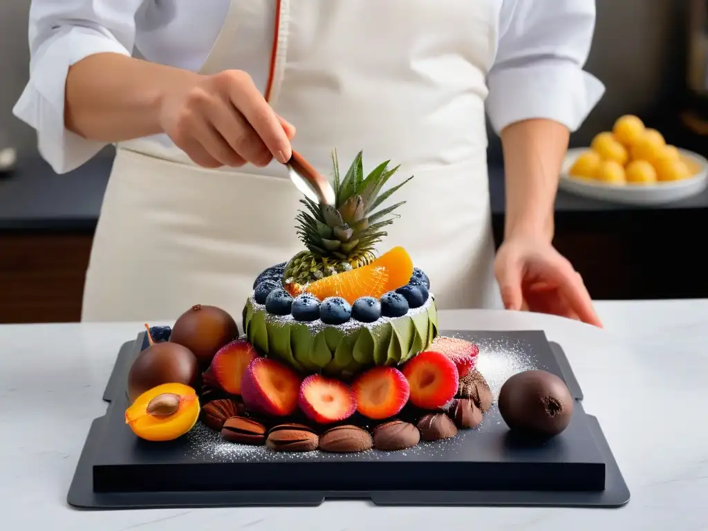 Arte culinario: innovación en postres con sabores globales Chef crea combinación sabores postres tendencias globales en cocina moderna elegante