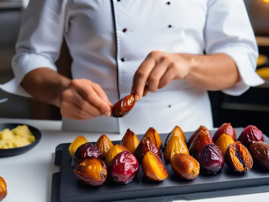 Un chef preparando dátiles jugosos para hornear, en un estilo moderno y minimalista