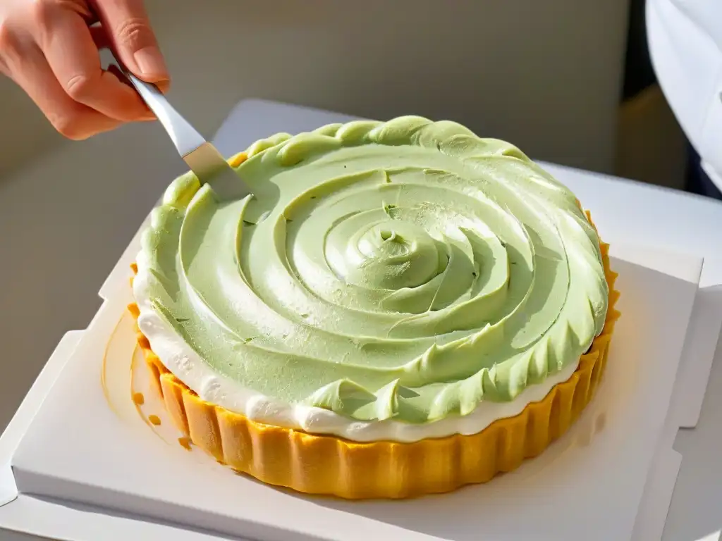 Un chef moldea con delicadeza un merengue sobre una tarta de limón, enfatizando la repostería sostenible para reducir la huella de carbono