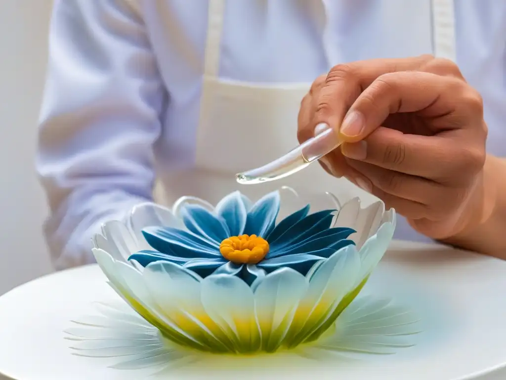 Un chef moldea con destreza un pétalo de flor de isomalt transparente, destacando la artesanía en esculturas transparentes isomalt repostería