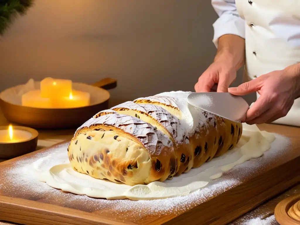 Un chef amasa con destreza una receta auténtica de Stollen alemán, mostrando arte y dedicación