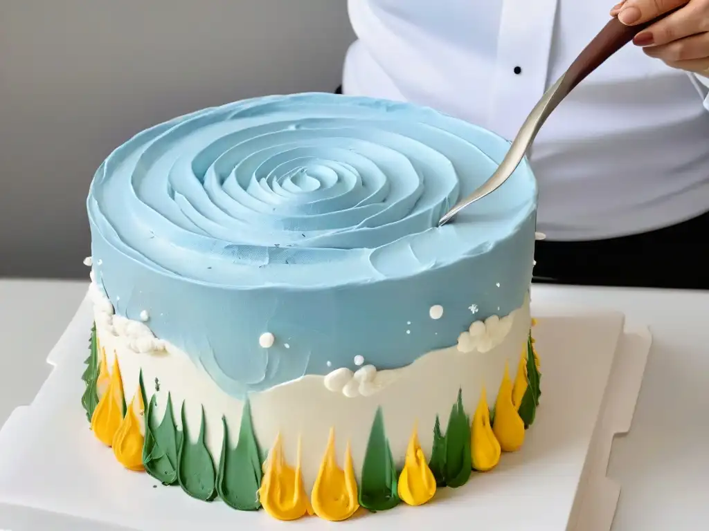 Un chef con discapacidad crea arte al decorar un pastel con precisión y colores vibrantes