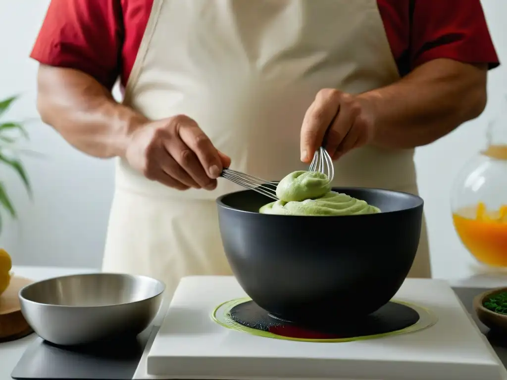 Un chef con discapacidad adaptando recetas con destreza y determinación, mezclando ingredientes con un batidor en un tazón