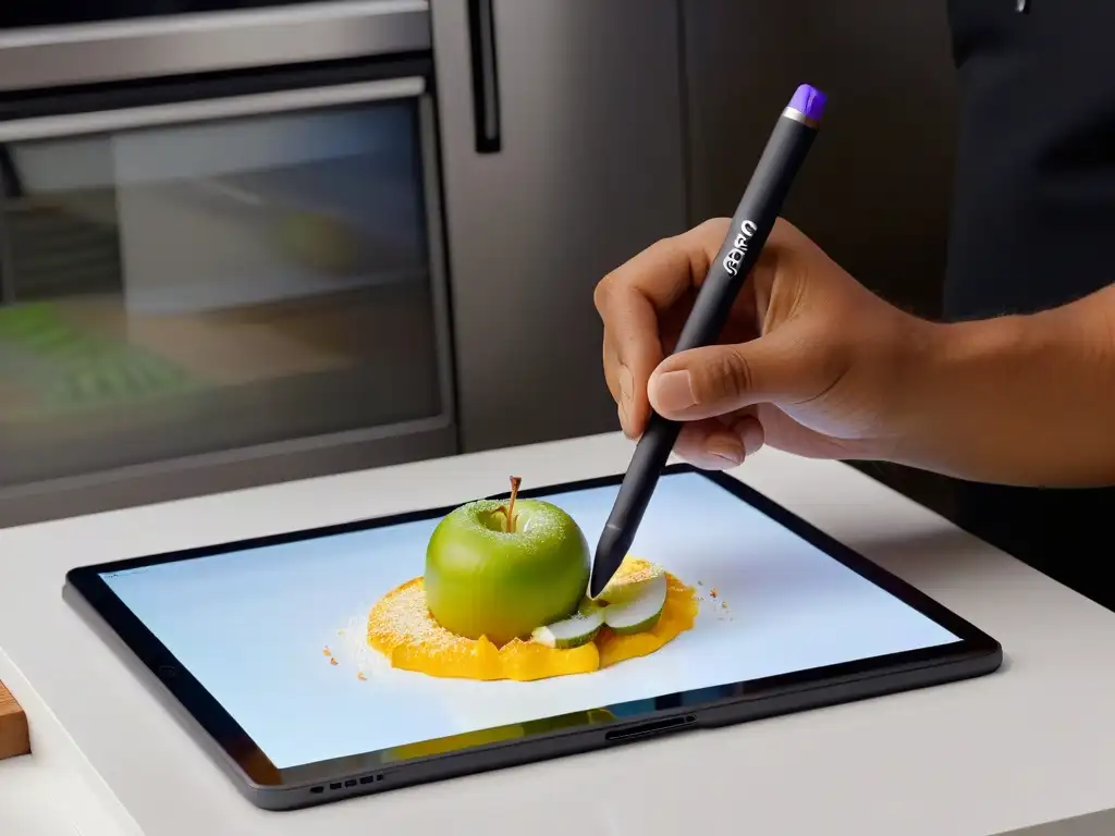 Un chef crea un diseño de postres en Procreate con un iPad, fusionando tecnología y creatividad culinaria en un entorno moderno y elegante