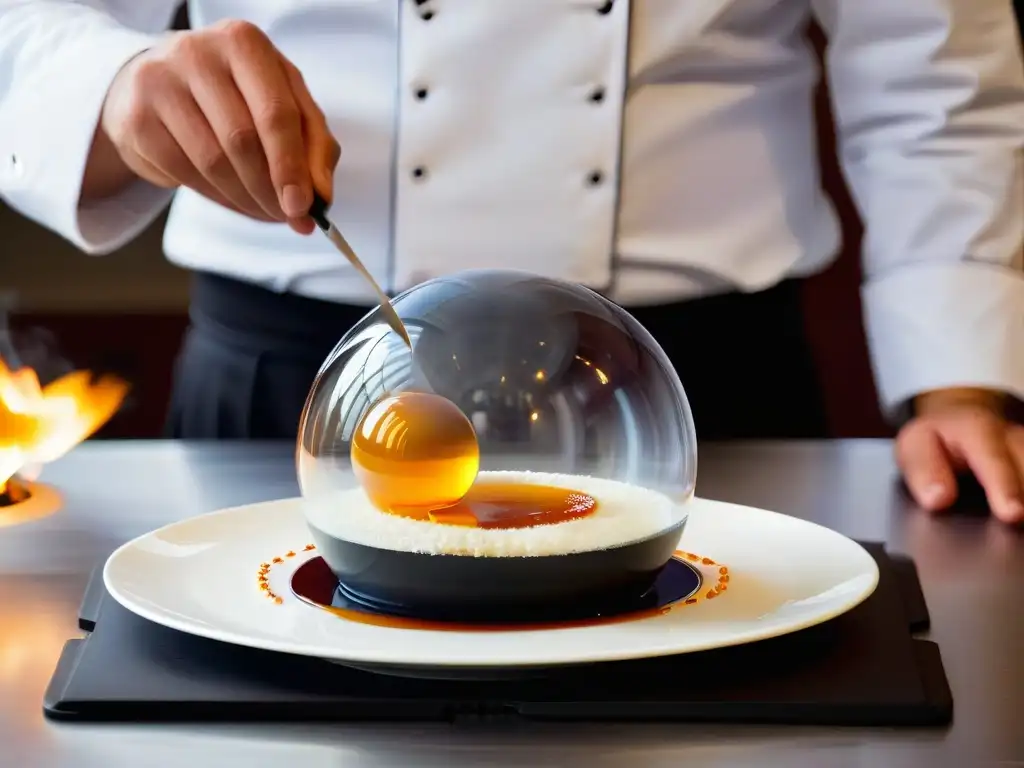 Un chef carameliza una esfera de azúcar en detalle, reflejando la técnica de la repostería molecular