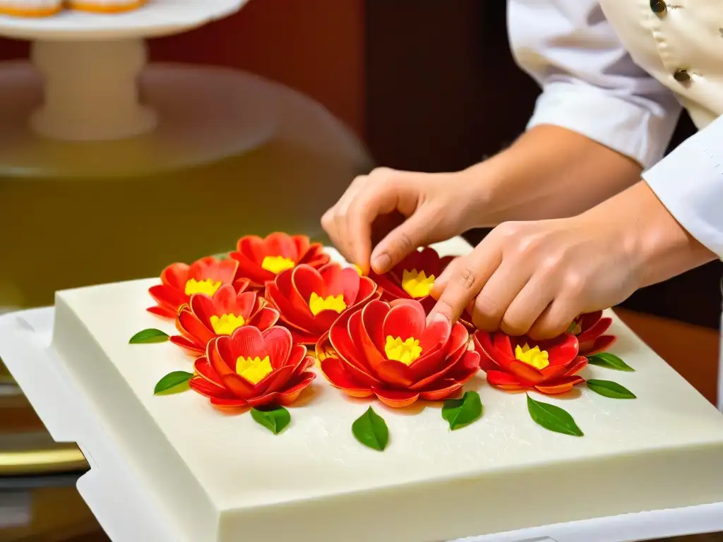 Creación sostenible de flores de azúcar: arte culinario Un chef experto moldea delicadas flores de azúcar con técnicas repostería sostenibles innovadoras