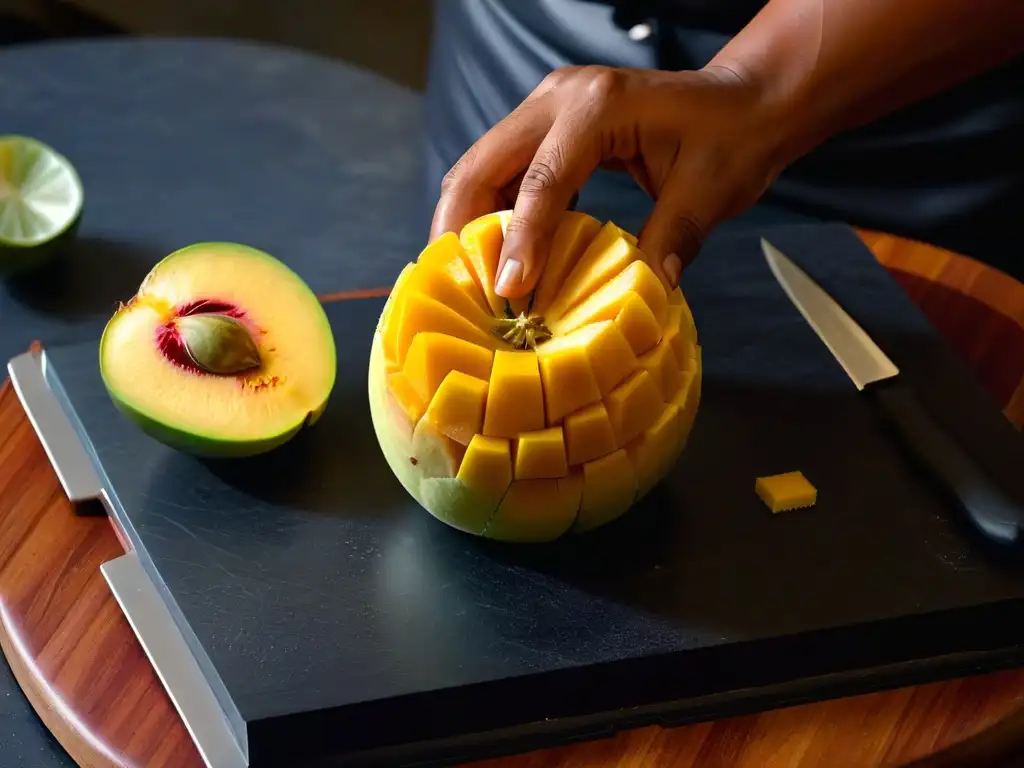 Chef experto cortando mango para recetas repostería con frutas exóticas