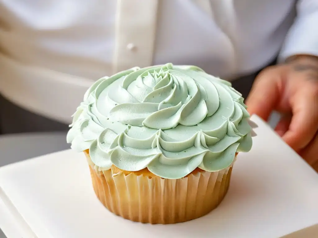 Un chef experto decora con precisión un cupcake, resaltando su destreza