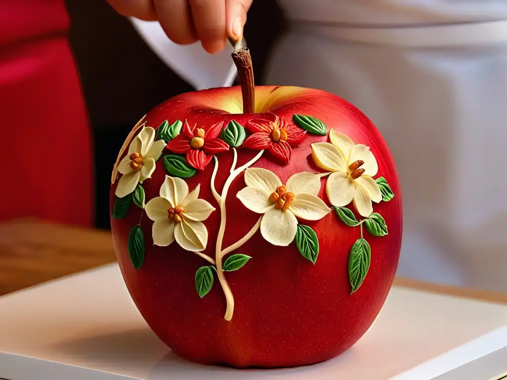 Un chef experto tallando con precisión una intrincada flor en una manzana roja vibrante, destacando las técnicas de tallado de frutas y verduras