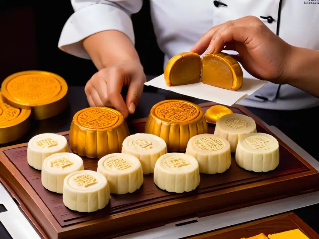 Un chef experto moldea con precisión un mooncake tradicional en preparación para el Festival del Medio Otoño