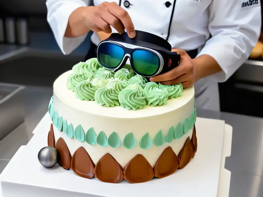 Un chef experto en Realidad Aumentada educación culinaria repostería decora un pastel con precisión y tecnología digital