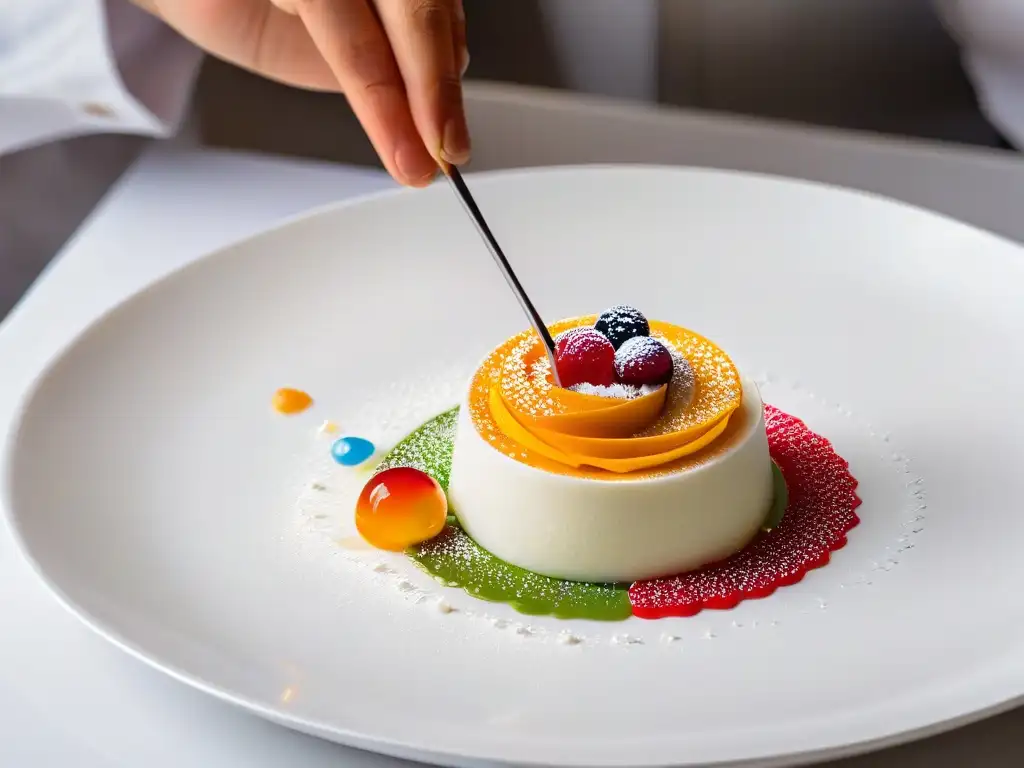 Un chef experto en repostería molecular crea con precisión mini postres coloridos