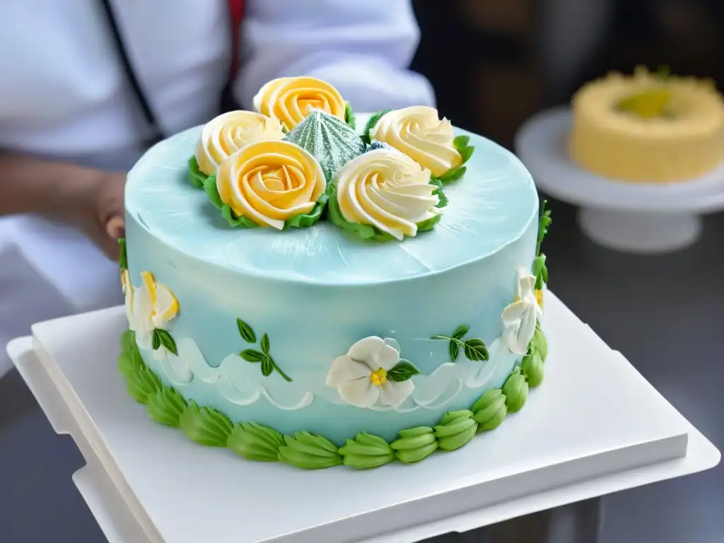 Chef experto decorando pastel con detalle Un chef experto en repostería utilizando Realidad Virtual en repostería para decorar un pastel con remolinos de mantequilla de colores pastel