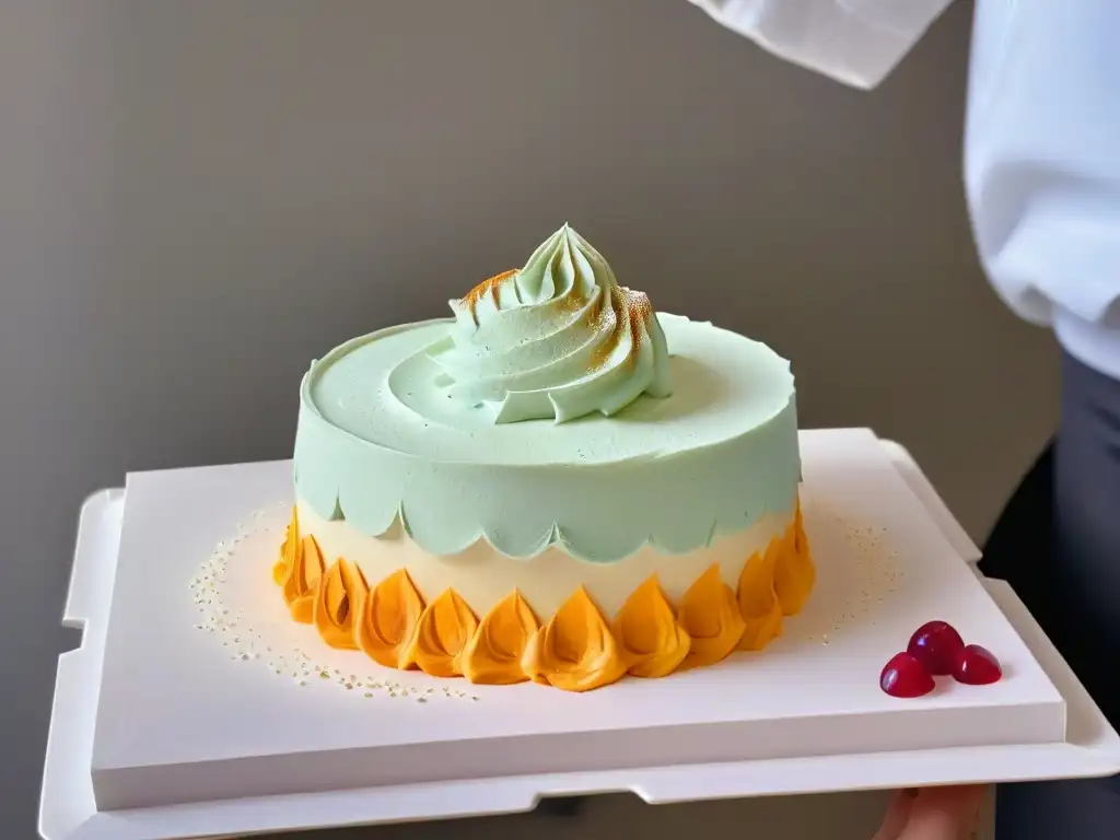 Un chef experto en técnicas avanzadas de texturizado de mousses, decorando con esmero un postre delicado en tonos pastel