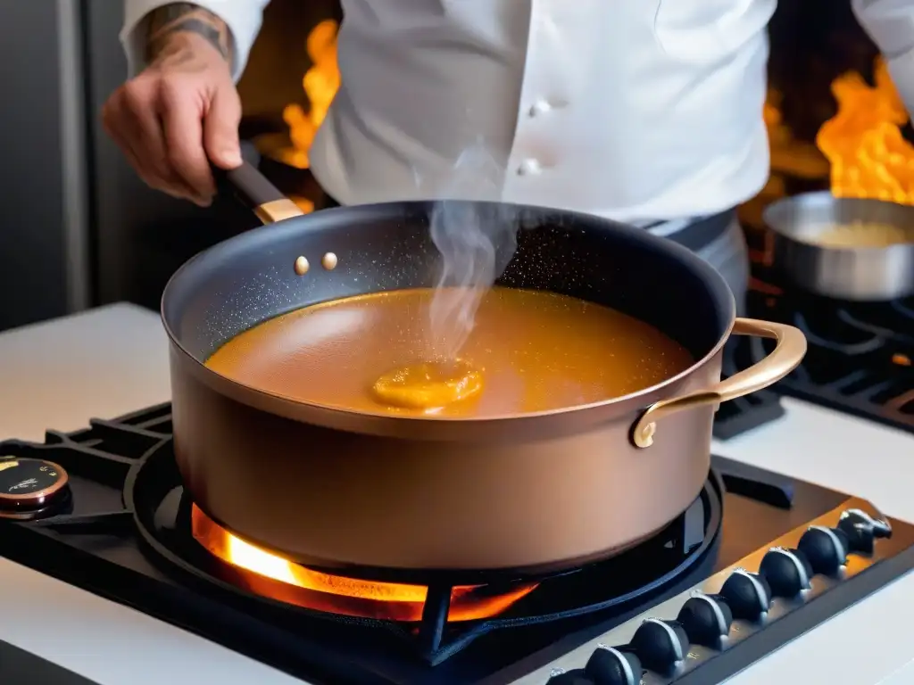 Un chef experto en técnicas de caramelización de azúcar sostiene una cacerola de cobre con caramelo burbujeante