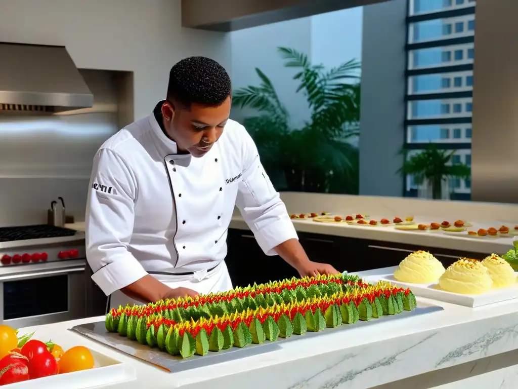 Un chef elabora un exquisito postre multisensorial influenciado por cultura en una cocina moderna y elegante