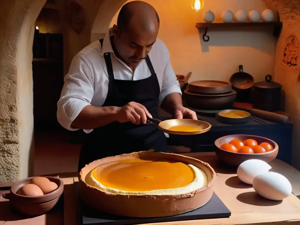 Un chef preparando un flan dorado en una cocina romana antigua, rodeado de ingredientes y utensilios de cocina, con una atmósfera serena y nostálgica