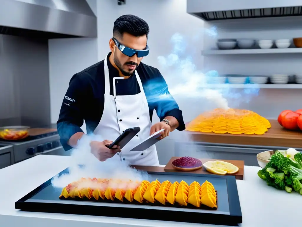 Un chef usa gafas de Realidad Aumentada para cocinar repostería en una cocina moderna