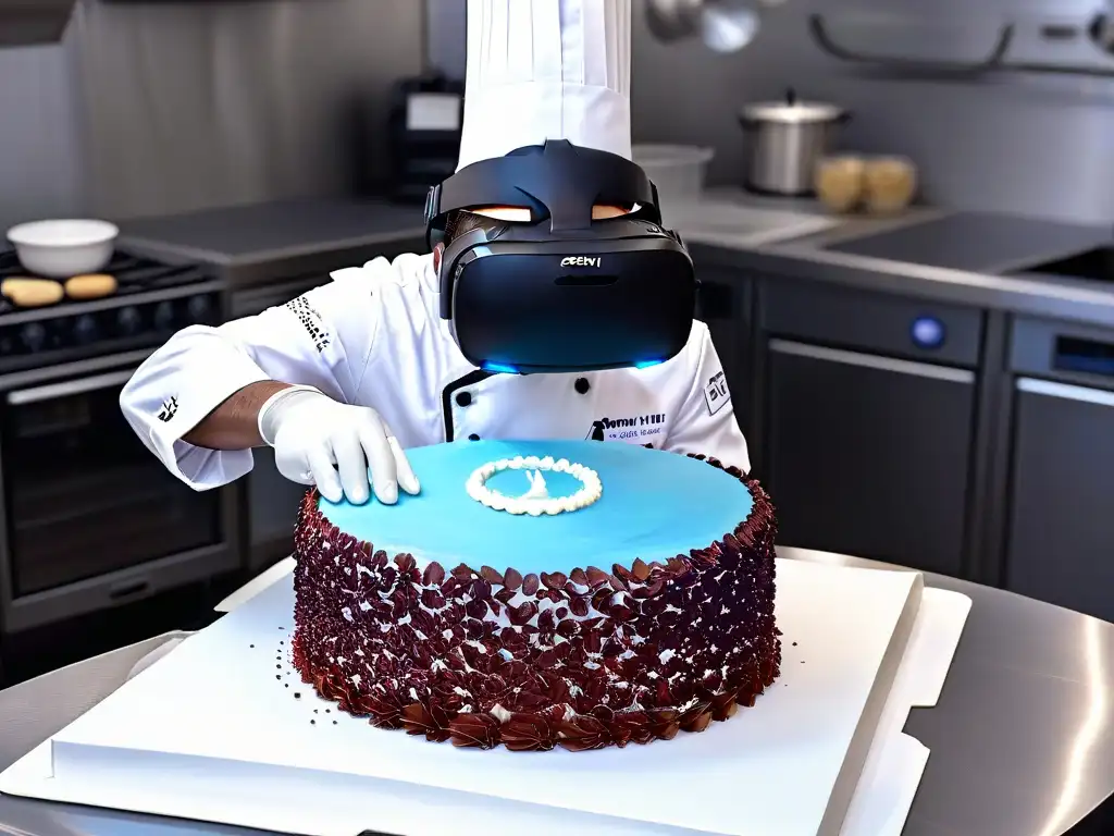 Un chef usa guantes de realidad virtual para decorar una detallada torta virtual en una cocina futurista