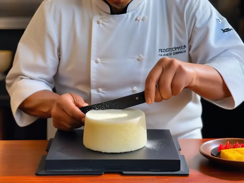 Un chef japonés experto moldea con precisión un mochi, mostrando el arte de su elaboración