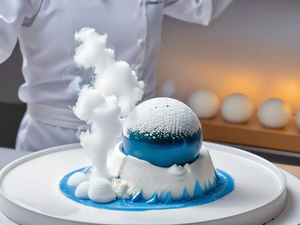 Chef en laboratorio blanco sopla esfera de azúcar en polvo, destacando la repostería molecular tendencias globales