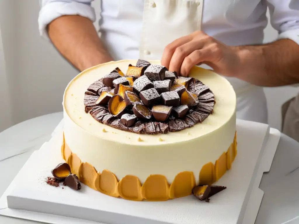 Un chef desmenuza con maestría restos de bizcocho para crear trufas, con herramientas de cocina elegantes