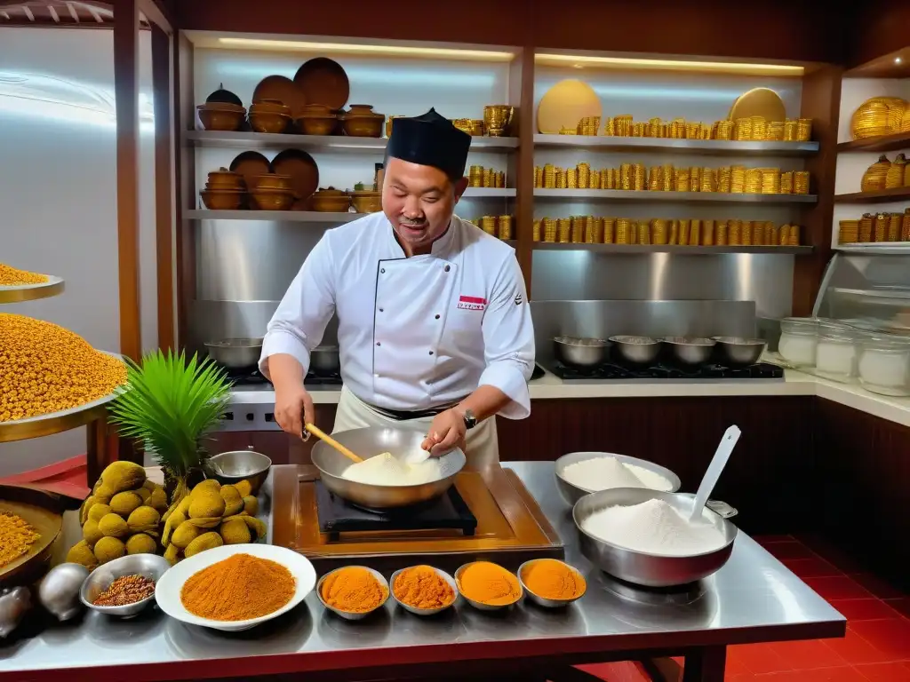 Un chef malasio moldea Sago Gula Melaka en cocina tradicional