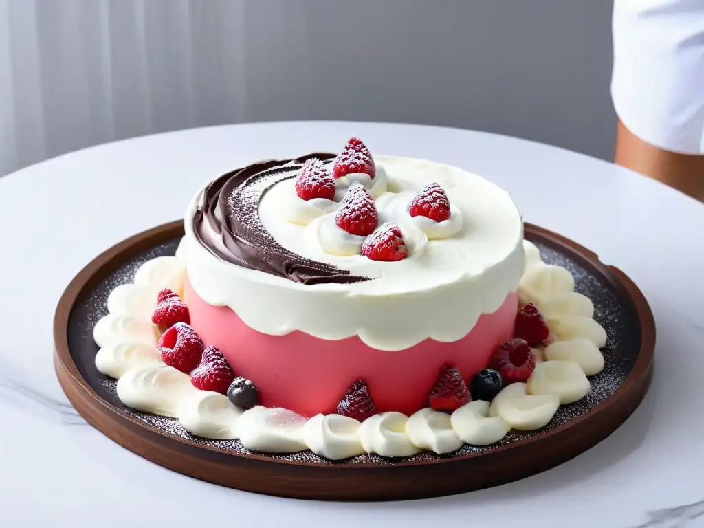 Chef mezclando masa de pastel sin gluten con ingredientes repostería, elegancia en mármol blanco