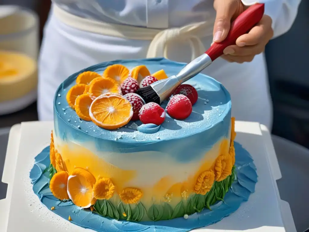 Chef meticuloso aplica pintura comestible con precisión, creando una obra maestra en fondant