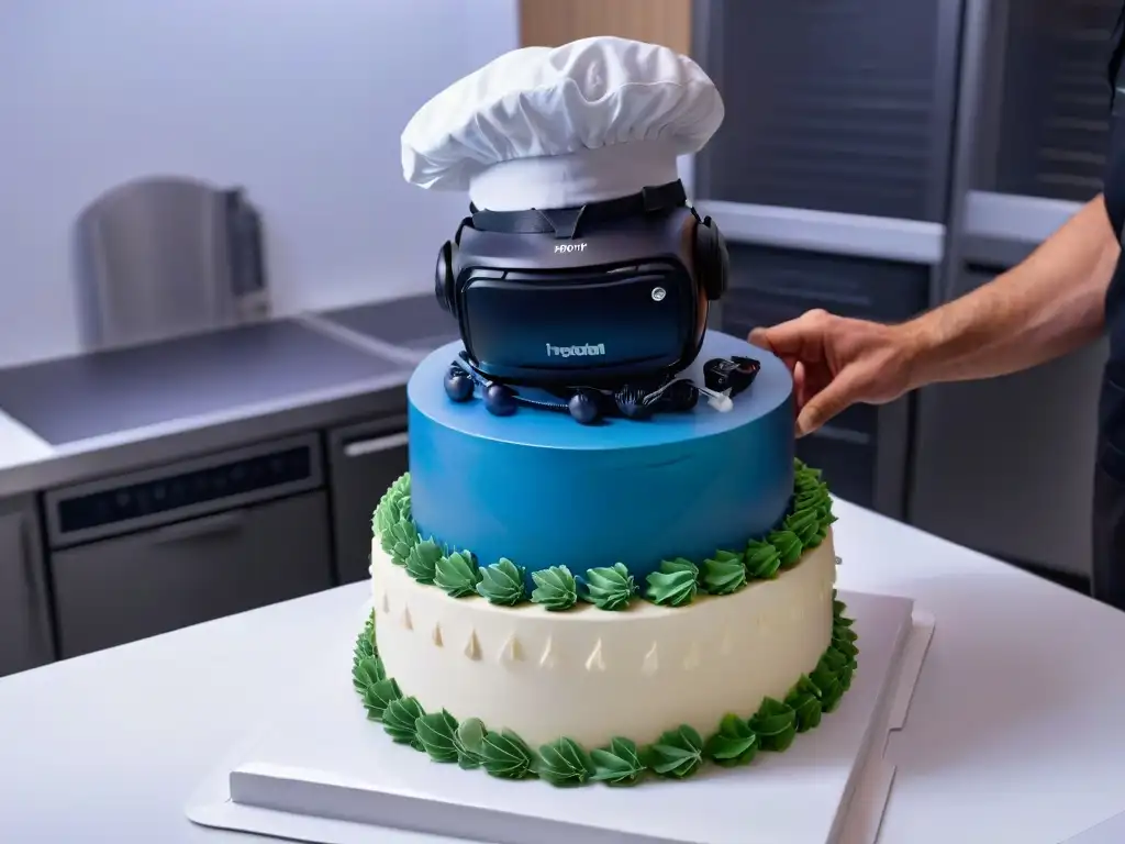 Chef virtual: Creación detallada de pasteles en realidad virtual Un chef crea obras de arte en repostería con Realidad Virtual en un futurista escenario