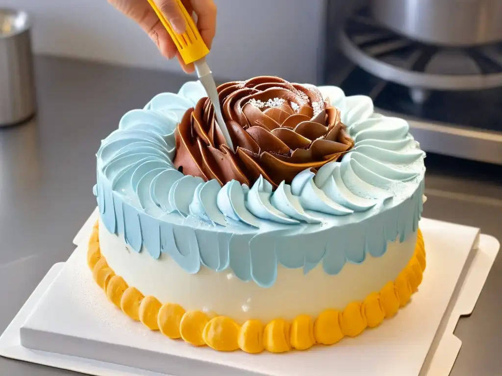 Chef decorando pastel con precisión y arte, fusionando técnicas tradicionales con Realidad Aumentada en cocina moderna