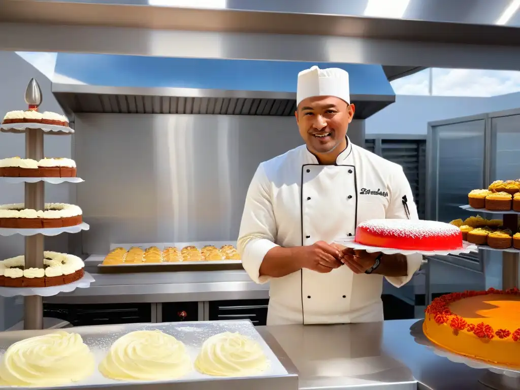 Chef decorando pastel en cocina comercial moderna y ordenada con equipo de repostería de alta tecnología