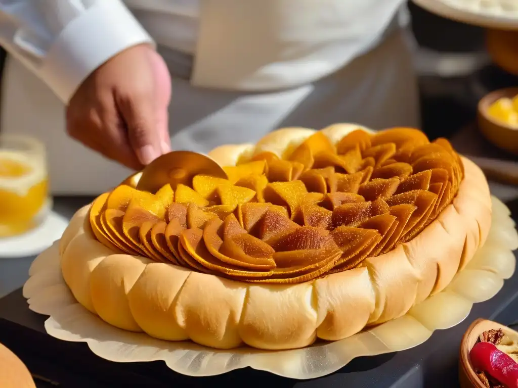 Un chef dobla delicadamente un pastel Qatayef con un relleno perfecto, resaltando los detalles de la repostería