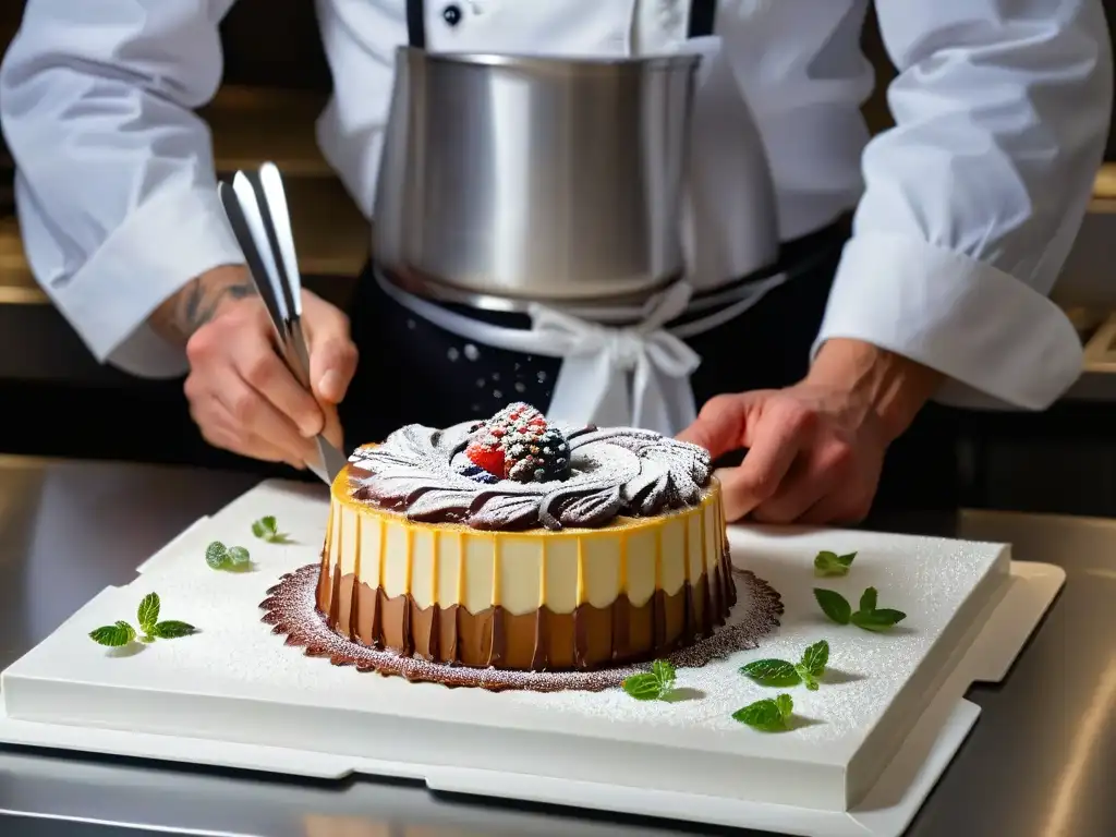 Un chef de pastelería de alta gama crea una obra maestra vanguardista con tendencias gastronómicas en un estudio de cocina elegante