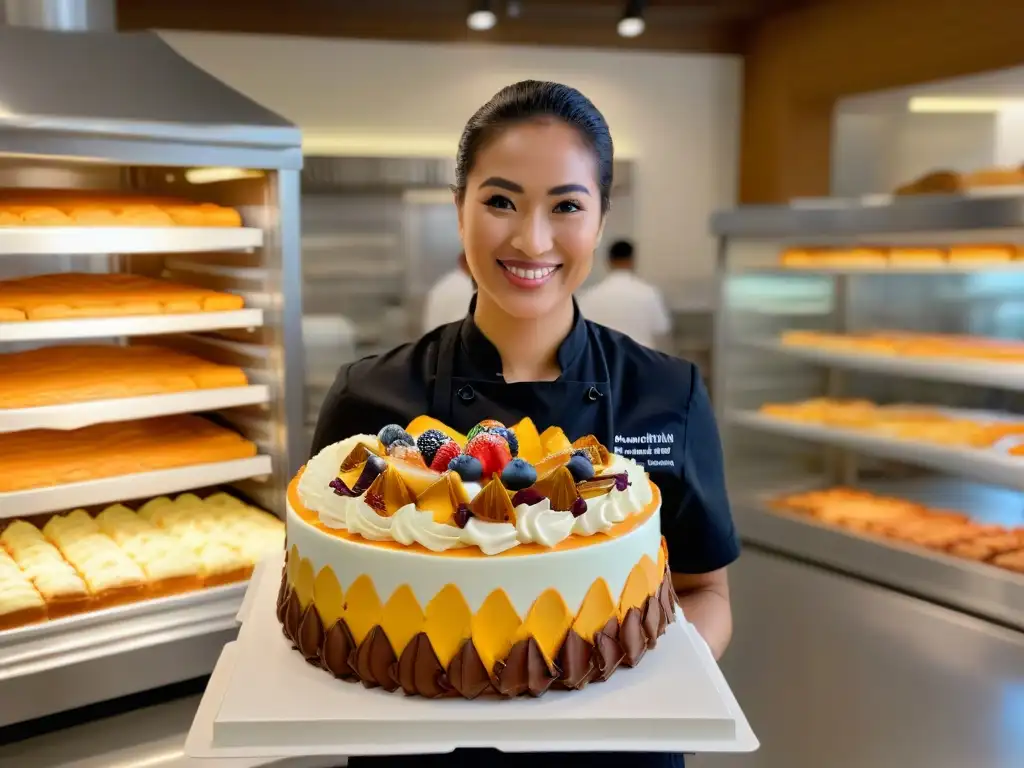 Un chef de pastelería sonriente muestra su obra maestra en una pastelería con estrategias de ventas en redes sociales